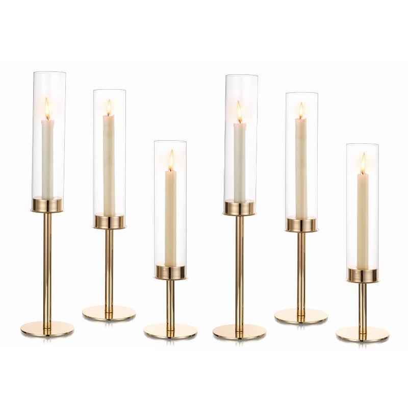Hewory Gold Candle Holders Hurricane Candlestick Holders  6Pcs Candle Stick Candle Holder Candelabra  Taper Candle Holders with Glass Candle Cover for Wedding Table Centerpiece Christmas Decor - Image 1